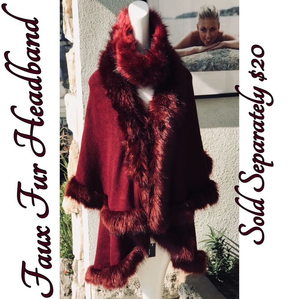 LUXURY Burgundy Wine Colored Double Layer Faux Fur CAPE Coat - Picture 8 of 8